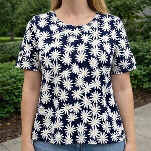 NEW Denim & Co. Daisy Print Elbow Sleeve Top - XXS Navy/White
